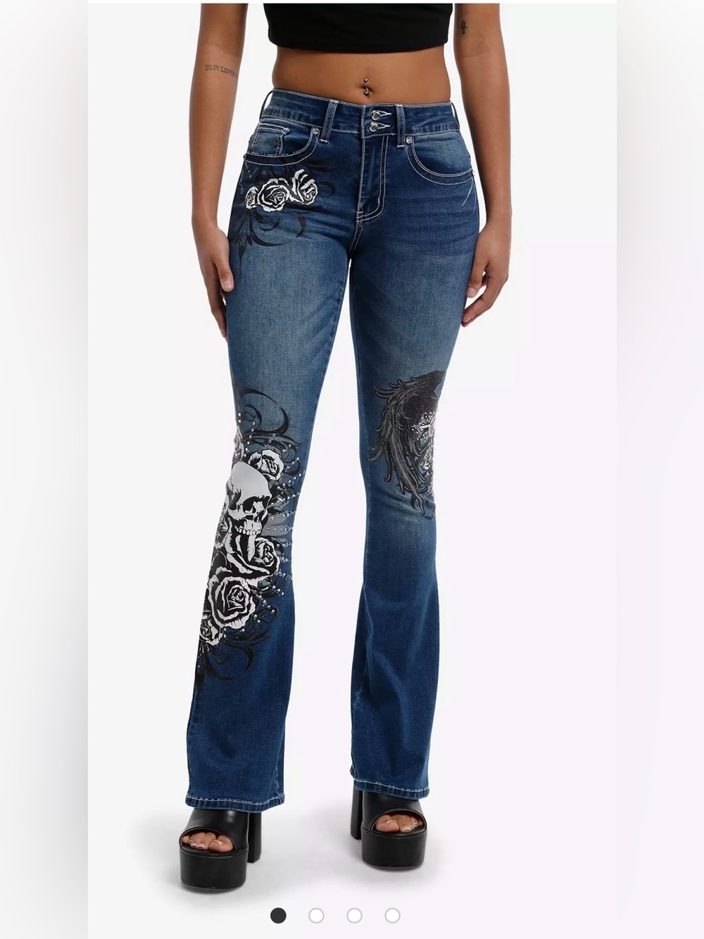 Hot Topic Social Collision Skull Rose Y2K Rhinestone Flare Denim Pants Size 5